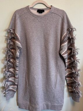 Diesel Gray Crewneck Sweater with Fringe-Trim Sleeves